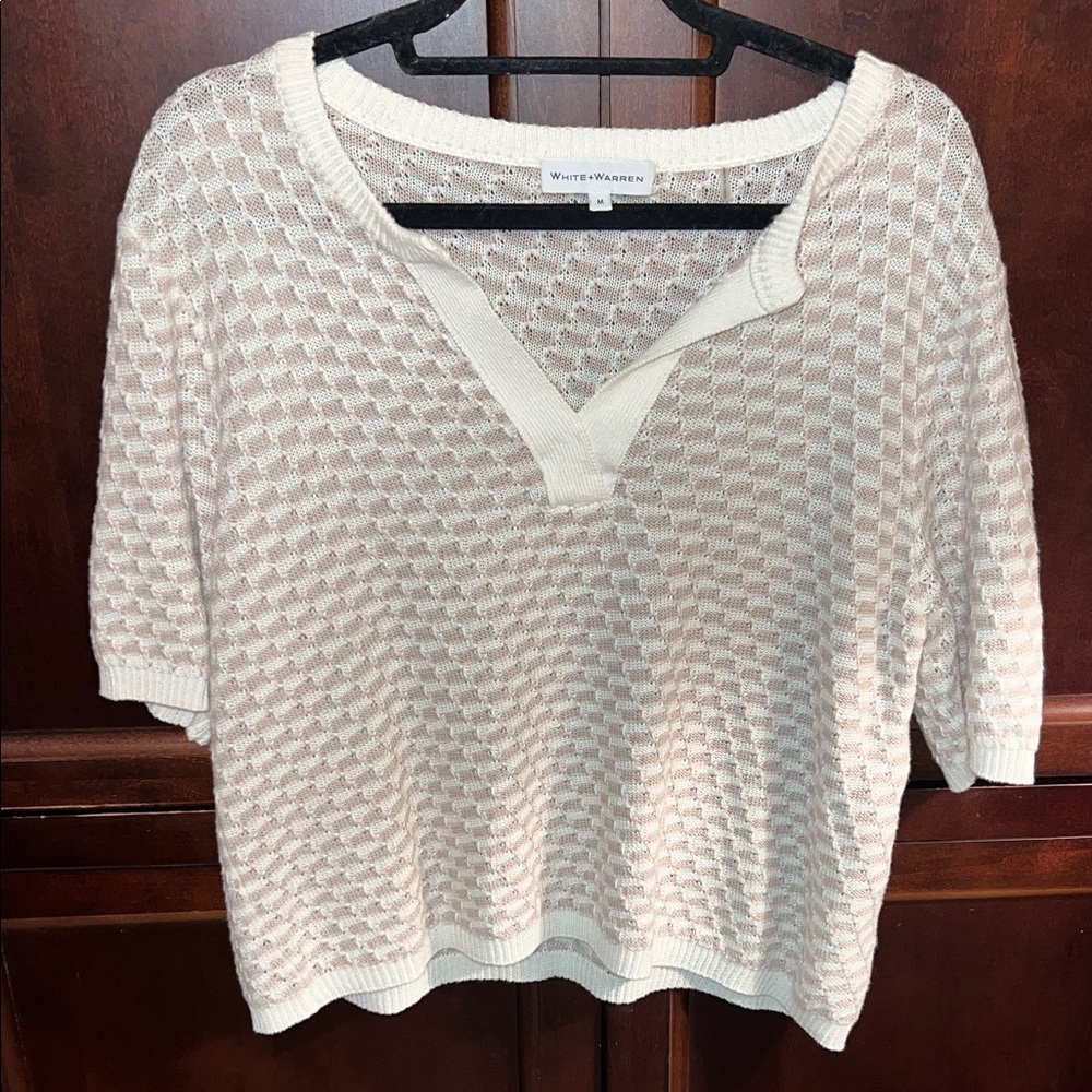White + Warren Cream Open V-Neck Knit Top